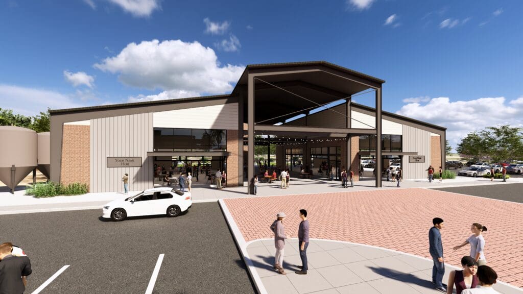 Modern storefront entrance at The Shops at Marley Park with visitors.