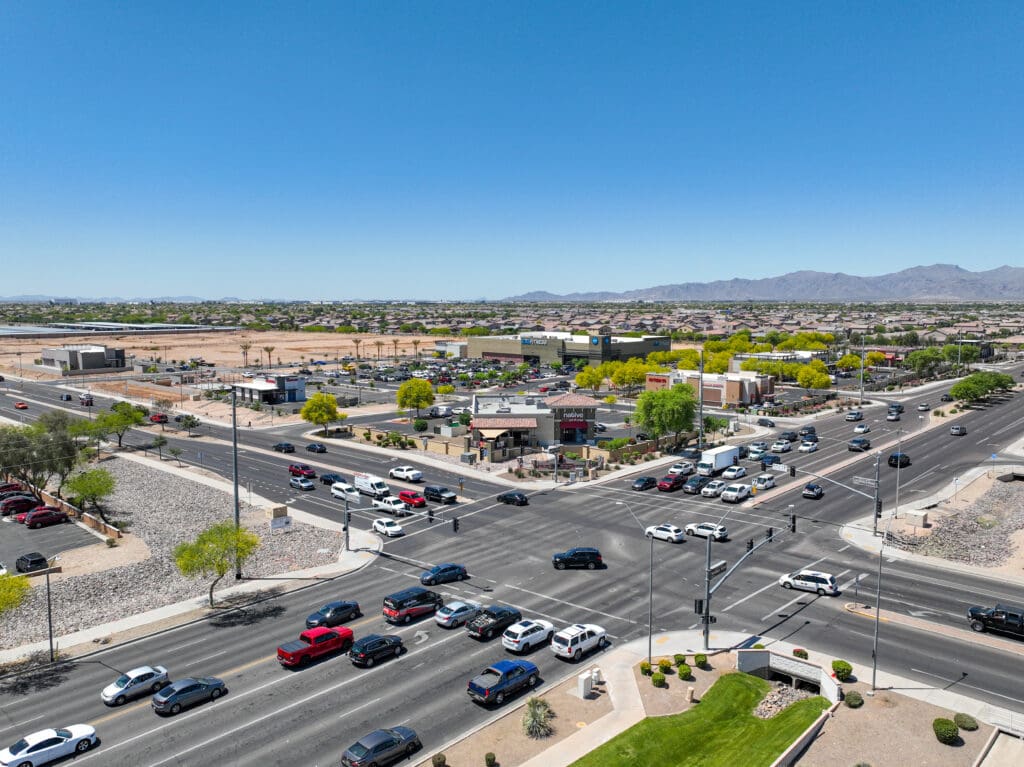 Aerial view of Surprise, AZ roads near The Shops at Marley Park.