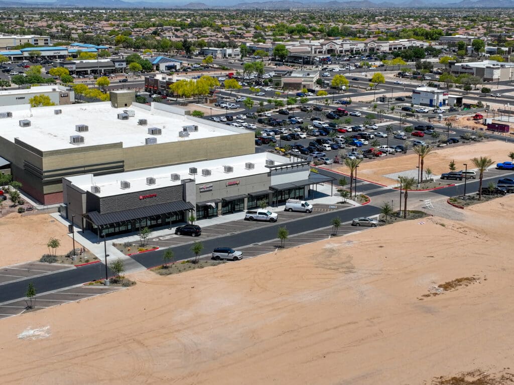 High aerial view of Marley Park commercial area and parking.