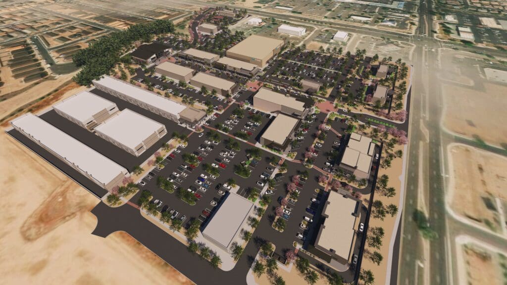 Oblique aerial rendering of The Shops at Marley Park Square.