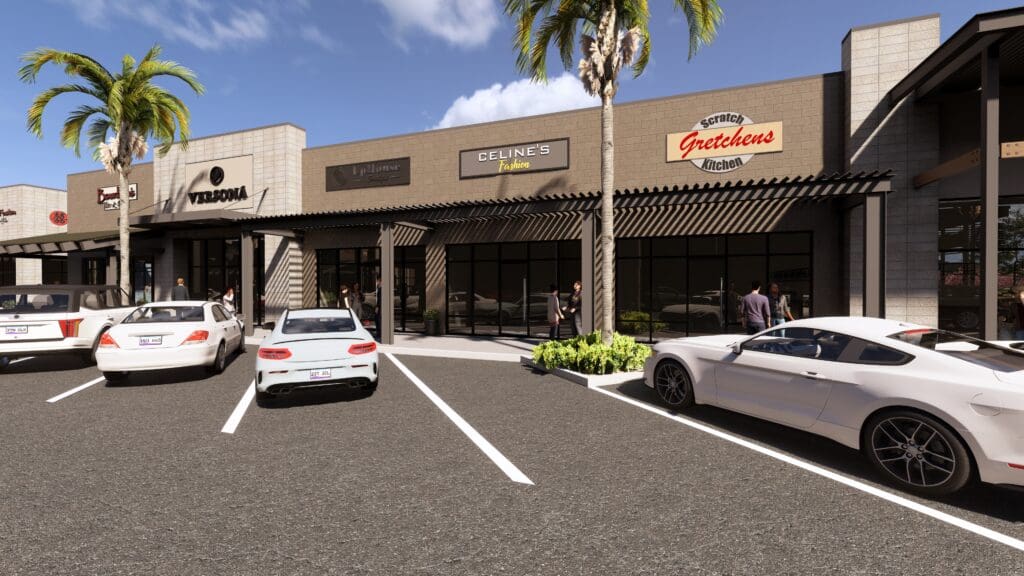 Exterior of a restaurant at The Shops at Marley Park with parking and palm trees.