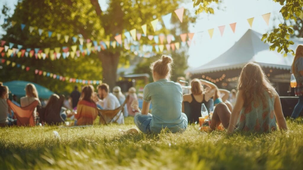 People sitting on grass under string lights at a Marley Park outdoor event.